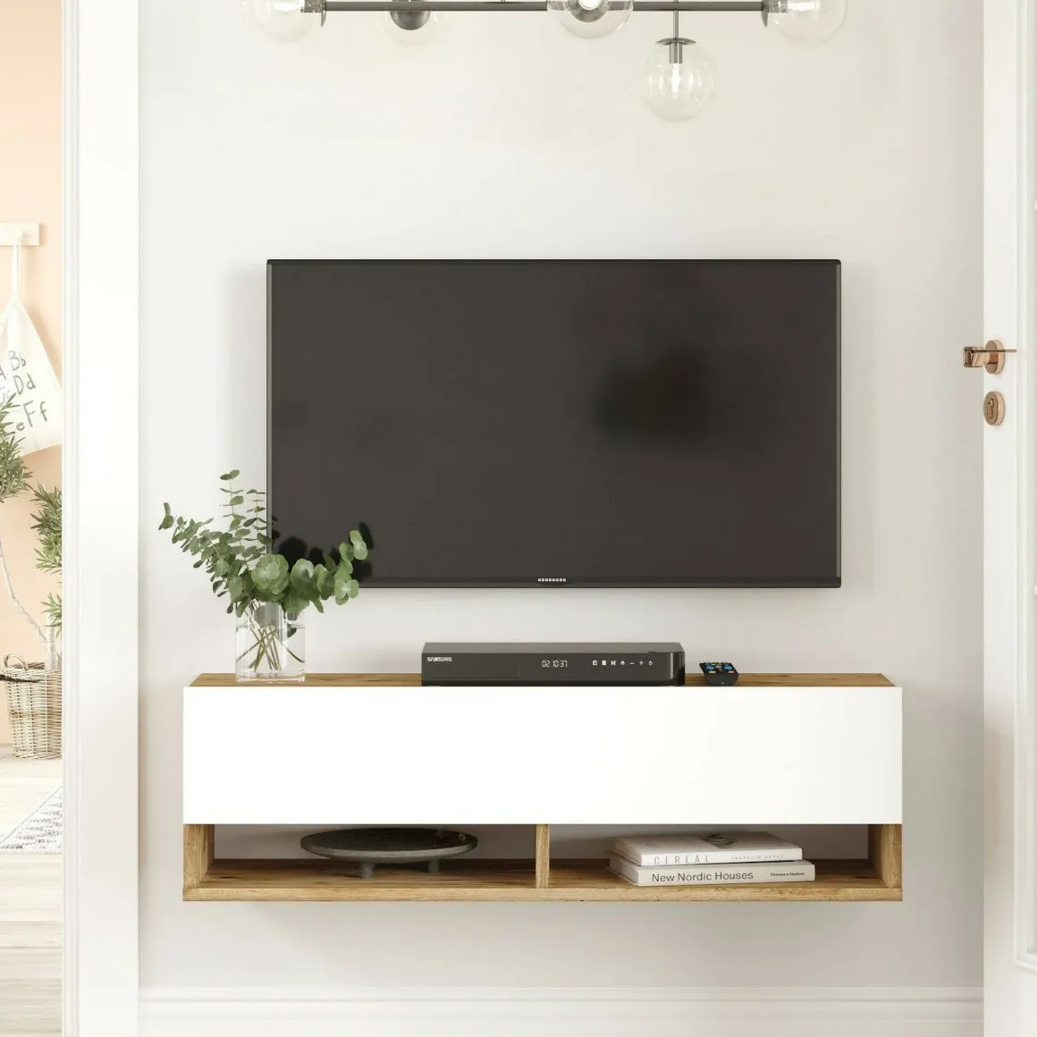 Mobili Porta Tv|Salotto > Dmora Mobile TV quercia e bianco 180x31x29h cm 2 ante - Compasso Bianco, Marrone Quercia