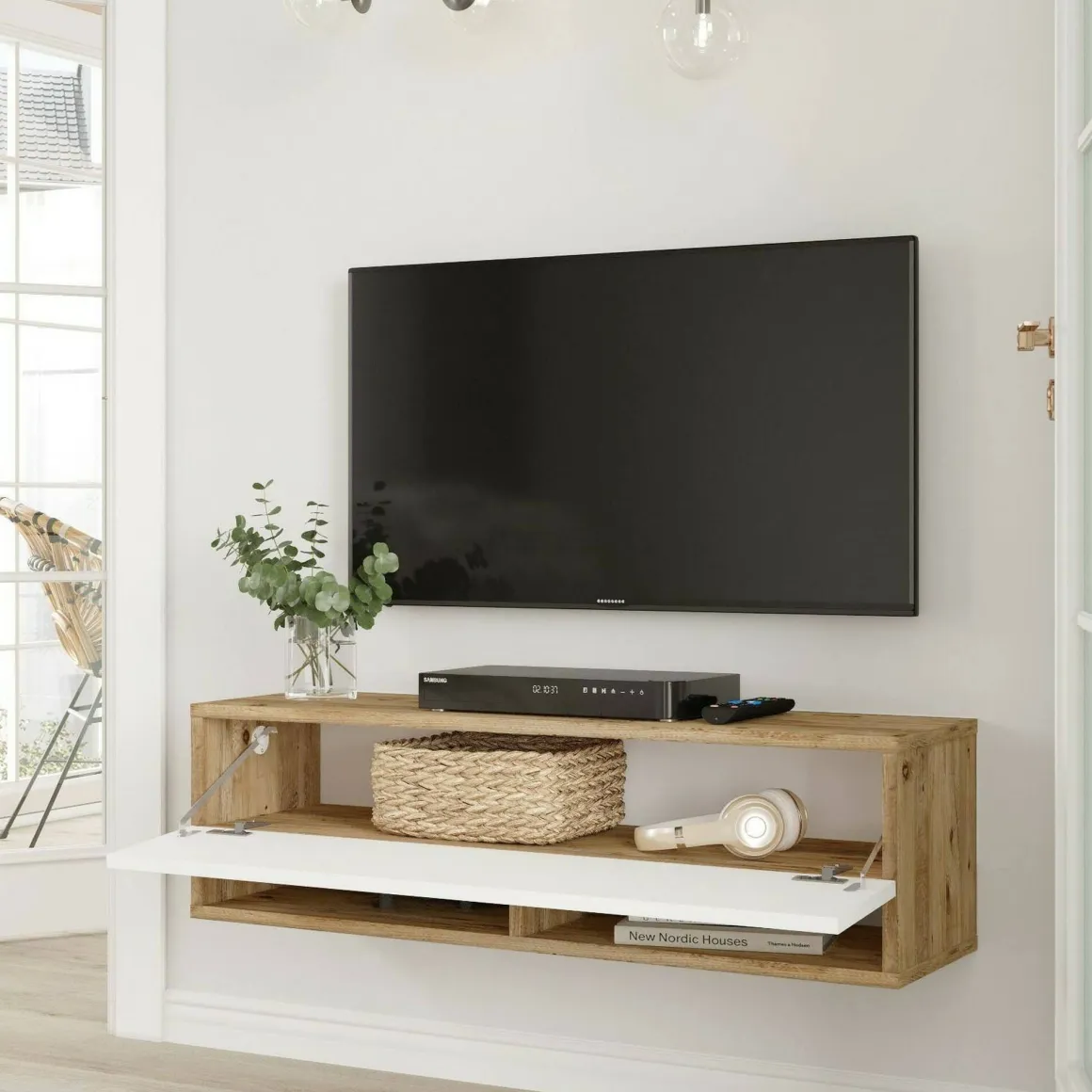Mobili Porta Tv|Salotto > Dmora Mobile TV quercia e bianco 180x31x29h cm 2 ante - Compasso Bianco, Marrone Quercia