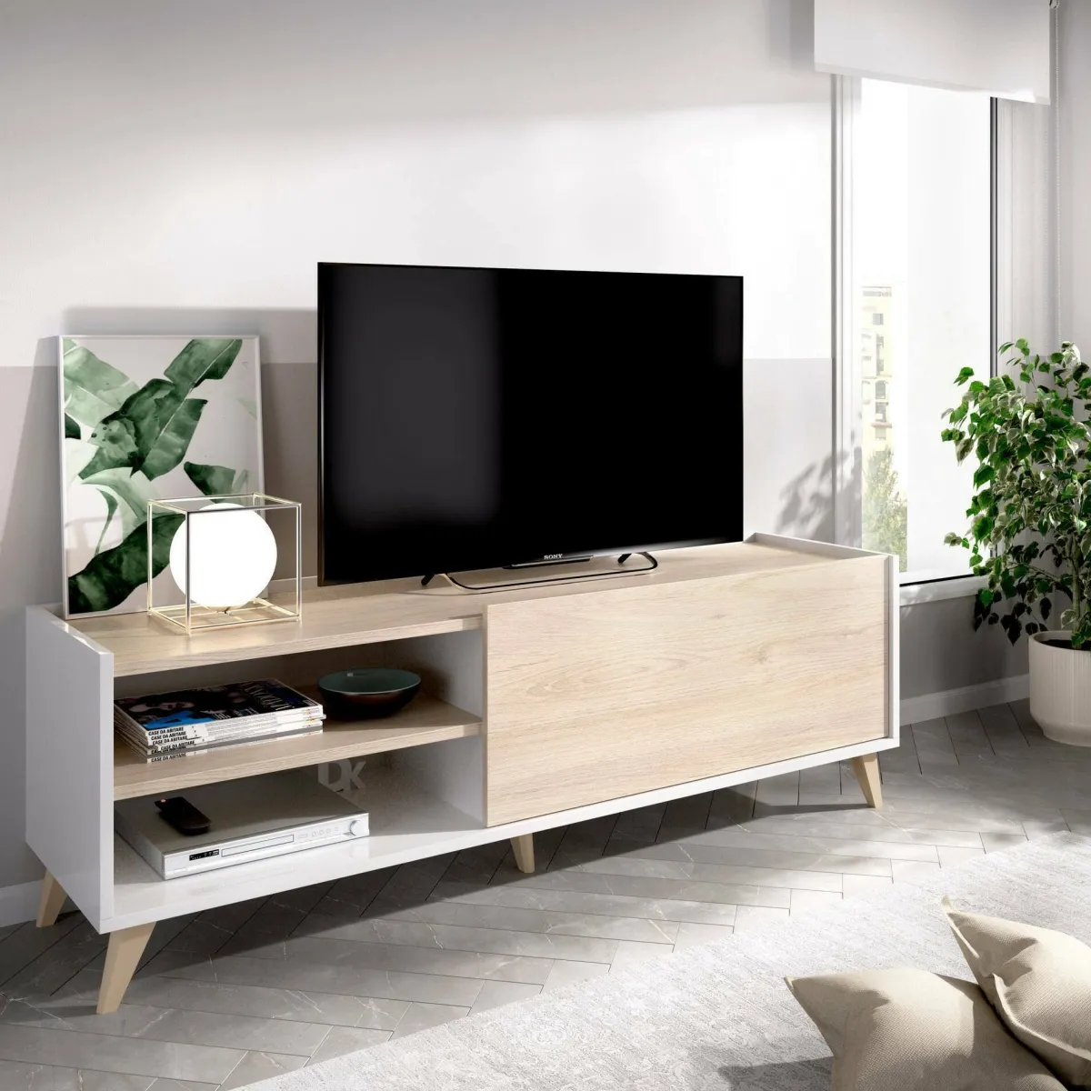 Mobili Porta Tv|Salotto > Dmora Mobile TV rovere e bianco 155x43x47h cm modulabile - Allesia Bianco, Marrone Rovere