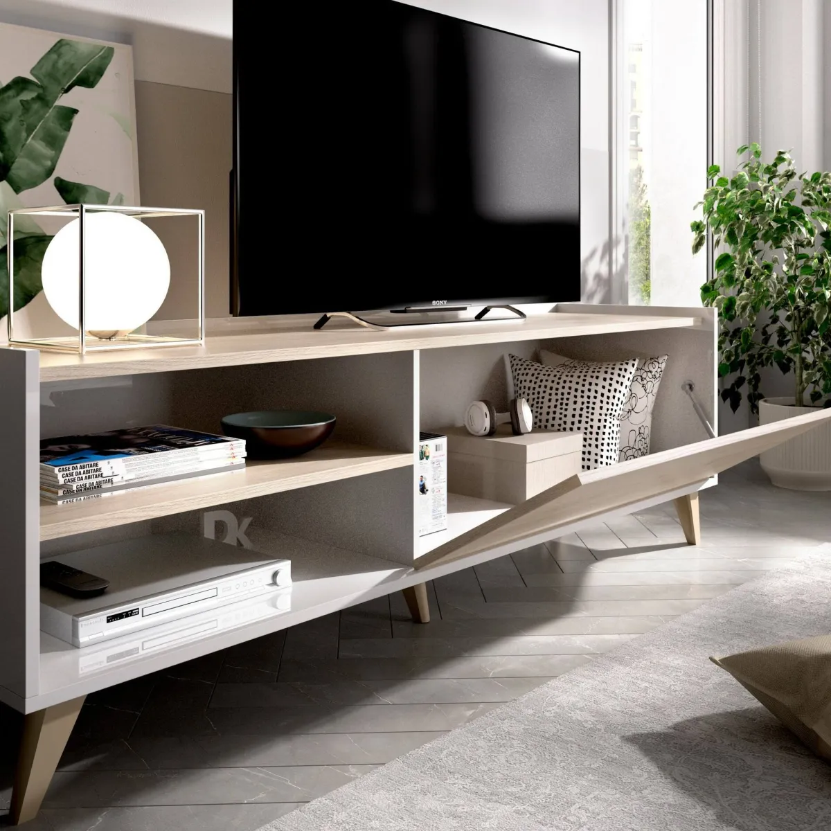 Mobili Porta Tv|Salotto > Dmora Mobile TV rovere e bianco 155x43x47h cm modulabile - Allesia Bianco, Marrone Rovere