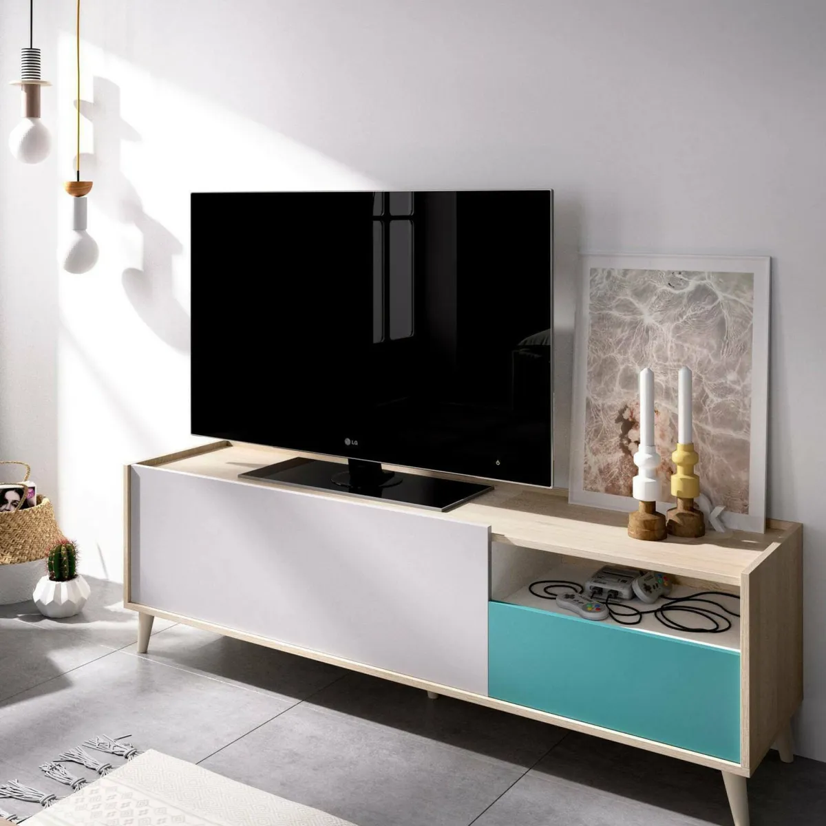 Mobili Porta Tv|Salotto > Dmora Mobile TV rovere e grigio 155x43x47h cm modulabile con 1 cassetto - Axterix Grigio, Marrone Rovere