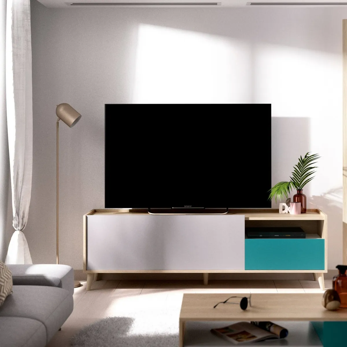Mobili Porta Tv|Salotto > Dmora Mobile TV rovere e grigio 155x43x47h cm modulabile con 1 cassetto - Axterix Grigio, Marrone Rovere