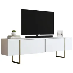 Mobili Porta Tv|Salotto > Dmora Mobile TV 180x30x50h cm Bianco e Oro con 2 Ante e Ripiano, Mobile Basso Salvaspazio in Legno e Metallo per Soggiorno Moderno – Abishia Oro, Bianco