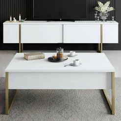 Mobili Porta Tv|Salotto > Dmora Mobile TV 180x30x50h cm Bianco e Oro con 2 Ante e Ripiano, Mobile Basso Salvaspazio in Legno e Metallo per Soggiorno Moderno – Abishia Oro, Bianco