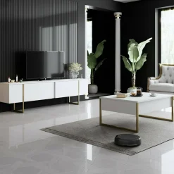 Mobili Porta Tv|Salotto > Dmora Mobile TV 180x30x50h cm Bianco e Oro con 2 Ante e Ripiano, Mobile Basso Salvaspazio in Legno e Metallo per Soggiorno Moderno – Abishia Oro, Bianco