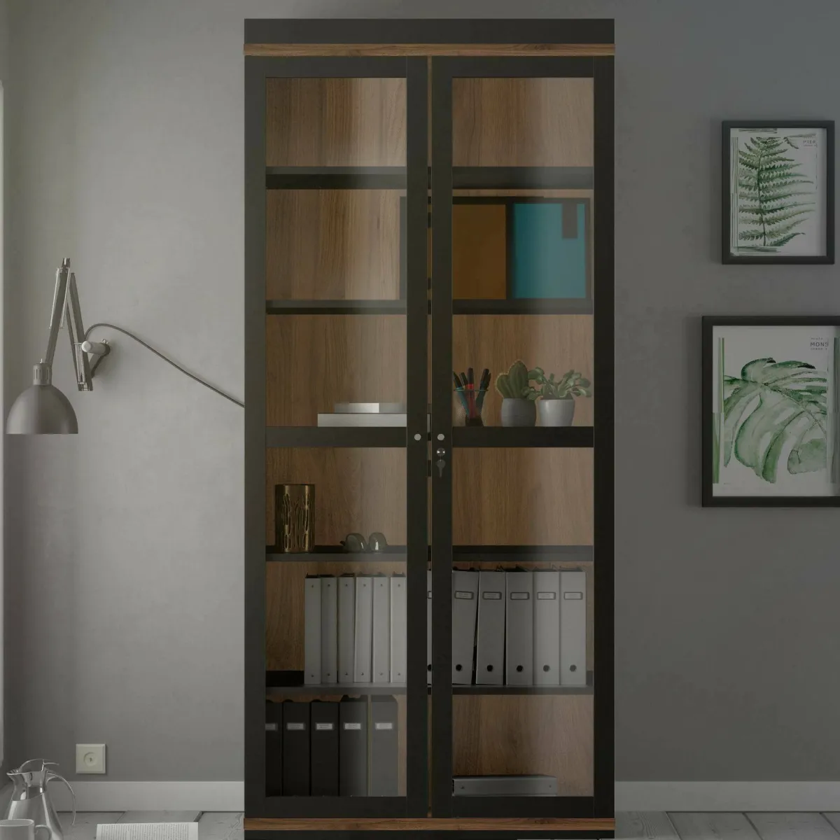 Vetrine > Dmora Mobile vetrina 2 ante 88x36x200h cm nero e noce - Axinte Marrone, Nero Noce