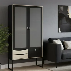Mobile vetrina industrial 2 ante 98x40x189h cm nero e quercia - Barbata