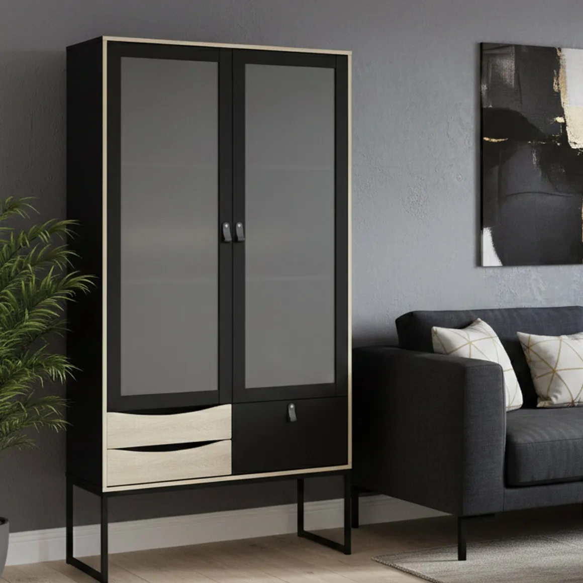 Mobile vetrina industrial 2 ante 98x40x189h cm nero e quercia - Barbata