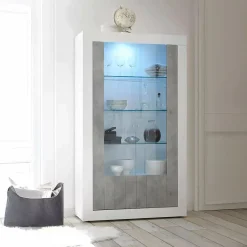 Vetrine > Dmora Mobile vetrina moderno 2 ante 110x42x190h cm bianco lucido e cemento - Alabama Grigio Cemento, Bianco Lucido