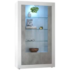 Vetrine > Dmora Mobile vetrina moderno 2 ante 110x42x190h cm bianco lucido e cemento - Alabama Grigio Cemento, Bianco Lucido