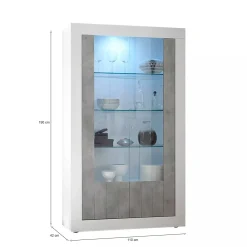 Vetrine > Dmora Mobile vetrina moderno 2 ante 110x42x190h cm bianco lucido e cemento - Alabama Grigio Cemento, Bianco Lucido