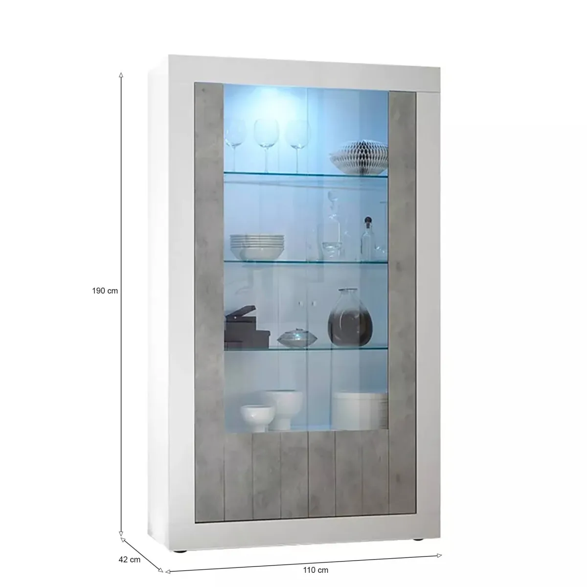 Vetrine > Dmora Mobile vetrina moderno 2 ante 110x42x190h cm bianco lucido e cemento - Alabama Grigio Cemento, Bianco Lucido