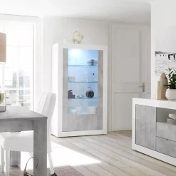 Vetrine > Dmora Mobile vetrina moderno 2 ante 110x42x190h cm bianco lucido e cemento - Alabama Grigio Cemento, Bianco Lucido