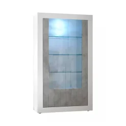 Vetrine > Dmora Mobile vetrina moderno 2 ante 110x42x190h cm bianco lucido e cemento - Alabama Grigio Cemento, Bianco Lucido