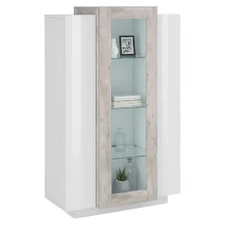 Mobile vetrina salotto 3 ante 80x38x121h cm bianco lucido e cemento - Ablaze