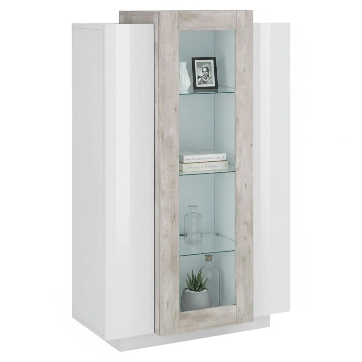 Mobile vetrina salotto 3 ante 80x38x121h cm bianco lucido e cemento - Ablaze