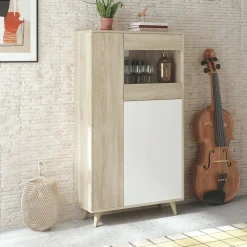 Vetrine|Cucina > Dmora Mobile vetrina soggiorno 3 ante 77x33x142h cm rovere e bianco - Altavista Bianco, Marrone Rovere