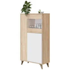 Vetrine|Cucina > Dmora Mobile vetrina soggiorno 3 ante 77x33x142h cm rovere e bianco - Altavista Bianco, Marrone Rovere