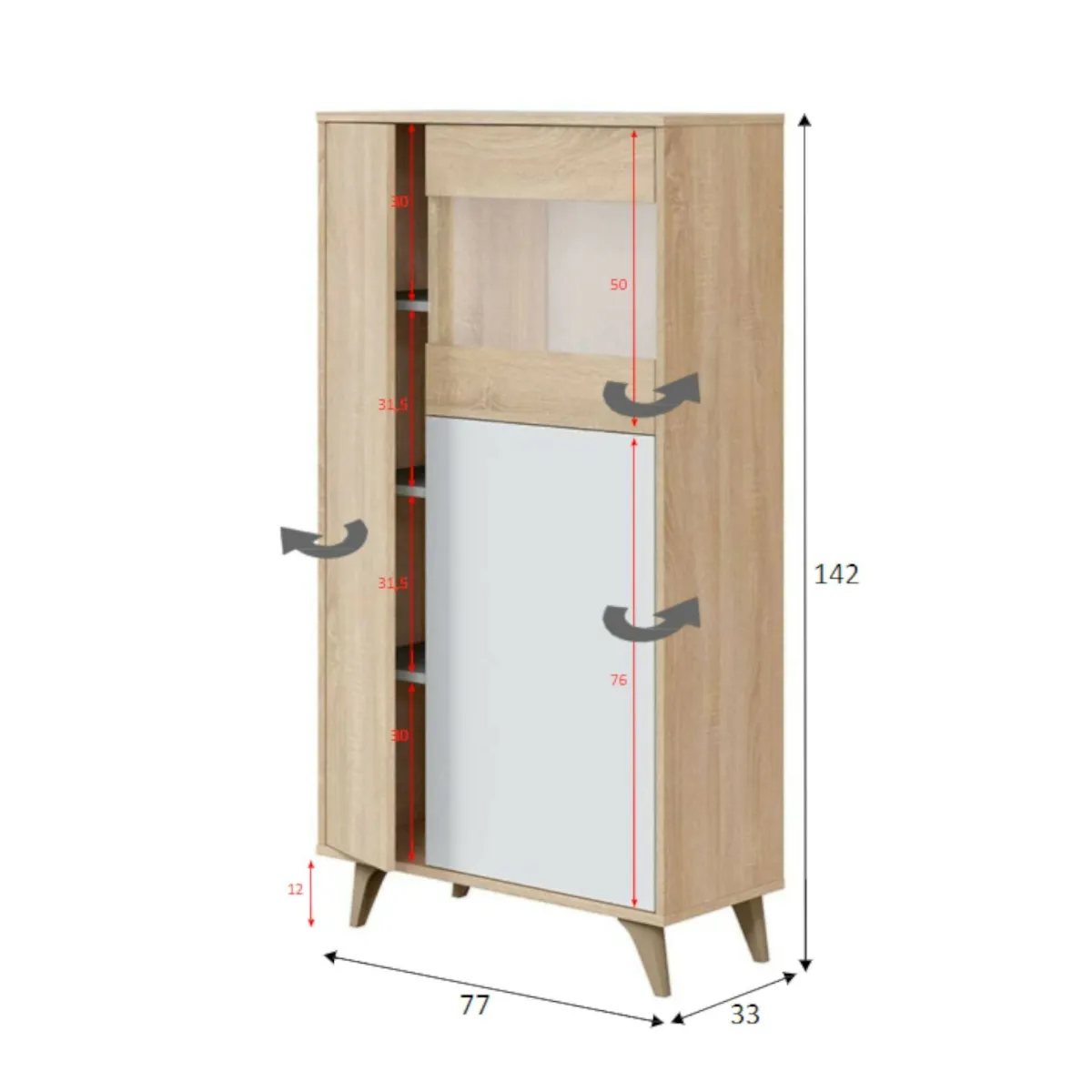 Vetrine|Cucina > Dmora Mobile vetrina soggiorno 3 ante 77x33x142h cm rovere e bianco - Altavista Bianco, Marrone Rovere