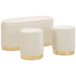 Panca Bianco Crema oro con due Sgabelli, Panca Contenitore Materiale Struttura in Metallo 80x37x42h cm, Colore Seduta Bianco - Soroti