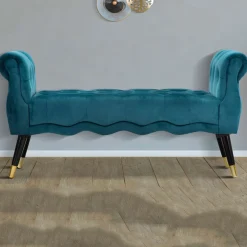Panca blu Ottanio Nero in Velluto, con Braccioli e Dettagli Dorati Materiale Struttura in Tessuto 120x40x60h cm, Colore Seduta blu - Humahu