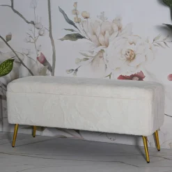 Panche > Dmora Panca contenitore rivestita bianca e oro 112x42x50h cm - Aiano Oro, Bianco