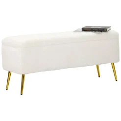 Panche > Dmora Panca contenitore rivestita bianca e oro 112x42x50h cm - Aiano Oro, Bianco