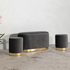 Panca Grigio Scuro oro con due Sgabelli, Panca Contenitore Materiale Struttura in Metallo 80x37x42h cm, Colore Seduta Grigio - Soroti