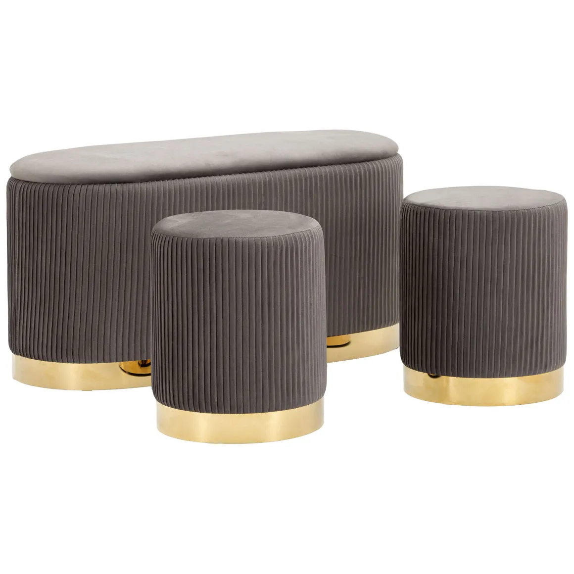 Panca Grigio Scuro oro con due Sgabelli, Panca Contenitore Materiale Struttura in Metallo 80x37x42h cm, Colore Seduta Grigio - Soroti