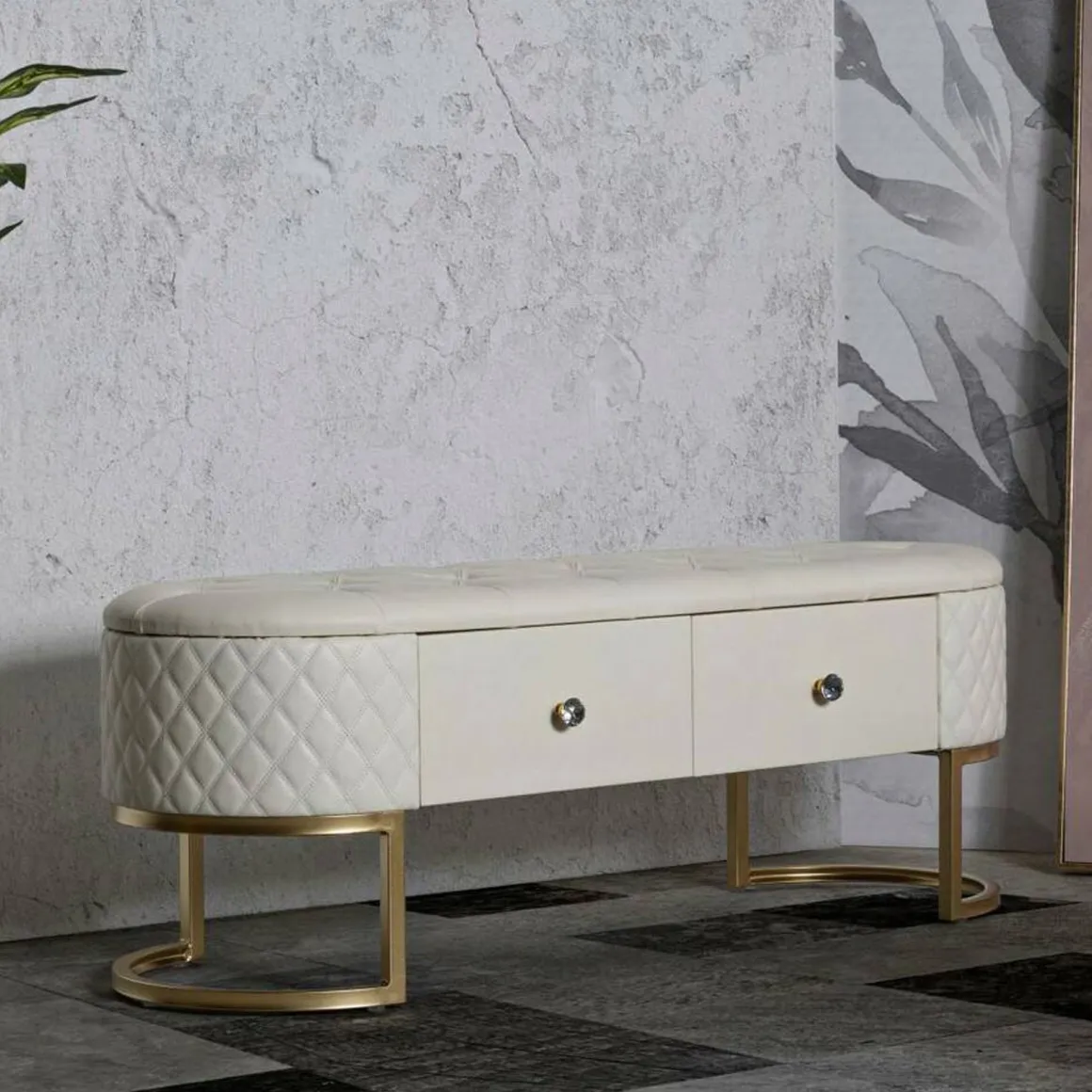 Panca shabby bianca e oro 120x40x43h cm - Golfo