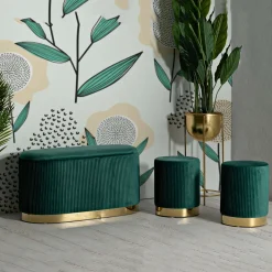 Panca Verde oro con due Sgabelli, Panca Contenitore Materiale Struttura in Metallo 80x37x42h cm, Colore Seduta Verde - Soroti