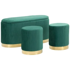Panca Verde oro con due Sgabelli, Panca Contenitore Materiale Struttura in Metallo 80x37x42h cm, Colore Seduta Verde - Soroti