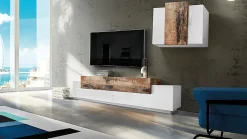 Salotto > Dmora Parete attrezzata Alaskino, cm 240x45h180, Bianco lucido e Acero Marrone Acero, Bianco Lucido