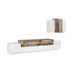 Salotto > Dmora Parete attrezzata Alaskino, cm 240x45h180, Bianco lucido e Acero Marrone Acero, Bianco Lucido