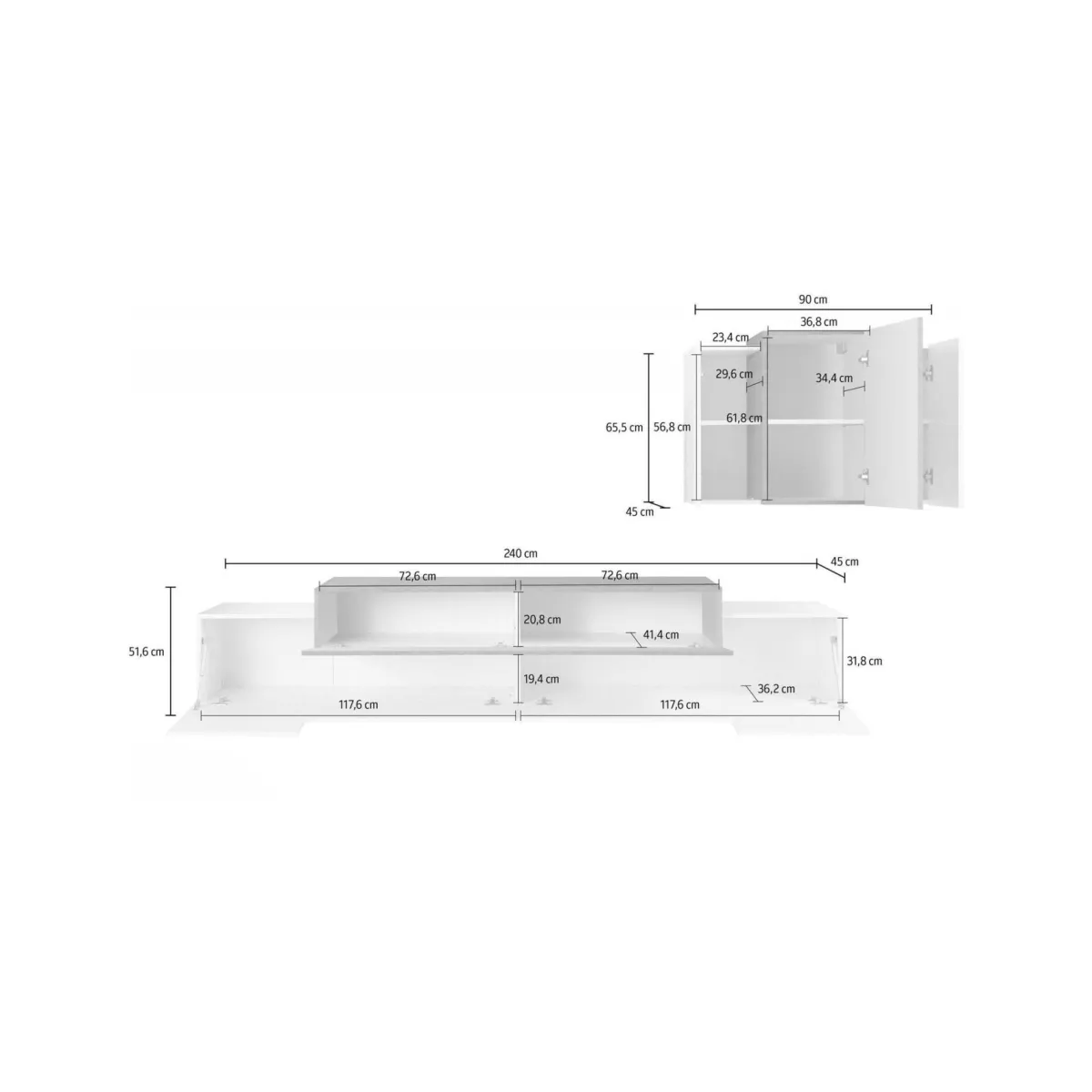 Salotto > Dmora Parete attrezzata Alaskino, cm 240x45h180, Bianco lucido e Acero Marrone Acero, Bianco Lucido