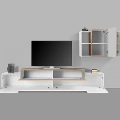 Salotto > Dmora Parete attrezzata Alaskino, cm 240x45h180, Bianco lucido e Acero Marrone Acero, Bianco Lucido
