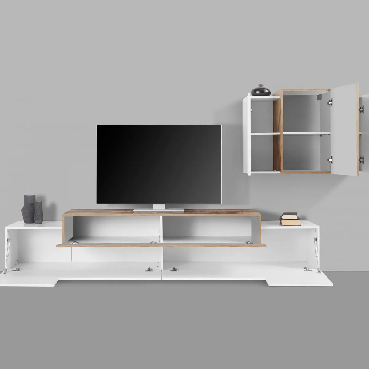 Salotto > Dmora Parete attrezzata Alaskino, cm 240x45h180, Bianco lucido e Acero Marrone Acero, Bianco Lucido