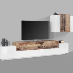 Salotto > Dmora Parete attrezzata Alaskino, cm 240x45h180, Bianco lucido e Acero Marrone Acero, Bianco Lucido