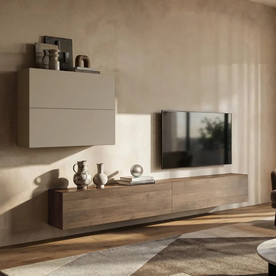 Parete Attrezzata Beige Marrone Noce 4 Ripiani Modulabile, Apertura Battente - Suisio