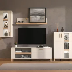 Pareti Attrezzate > Dmora Parete Attrezzata Bianco Crema Marrone Rovere Nodi 5 Ripiani un Cassetto 234x40x178h cm, Modulabile - Alunzio Marrone Rovere Nodi, Bianco Crema
