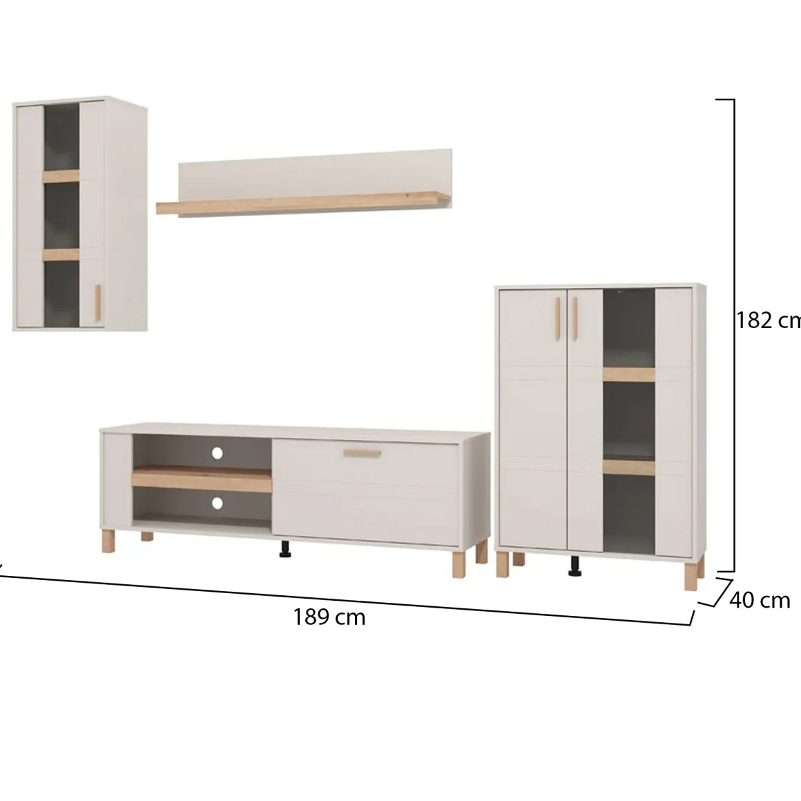 Parete Attrezzata Bianco Crema Marrone Rovere Modulabile 7 Ripiani 289x40x181.5h cm, 9 Vani - Fallo