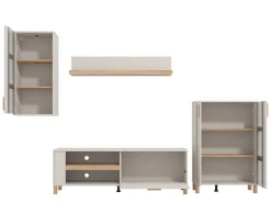 Parete Attrezzata Bianco Crema Marrone Rovere Modulabile 7 Ripiani 289x40x181.5h cm, 9 Vani - Fallo