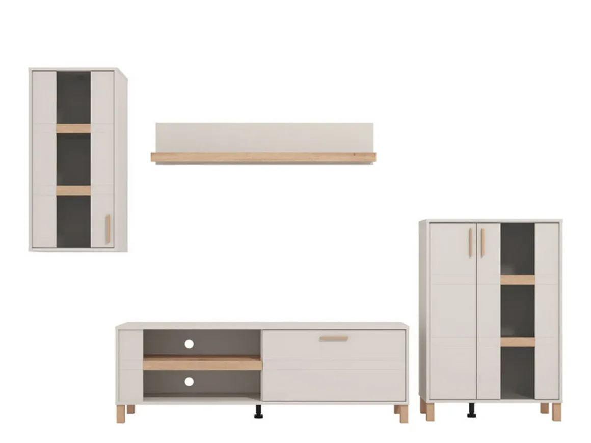 Parete Attrezzata Bianco Crema Marrone Rovere Modulabile 7 Ripiani 289x40x181.5h cm, 9 Vani - Fallo