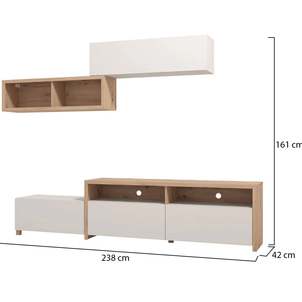 Parete Attrezzata Bianco Crema Marrone Rovere Nodi 6 Ripiani Modulabile 237.5x41.5x160.5h cm, 9 Vani - Tiana