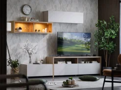 Parete Attrezzata Bianco Crema Marrone Rovere Nodi 6 Ripiani Modulabile 237.5x41.5x160.5h cm, 9 Vani - Tiana