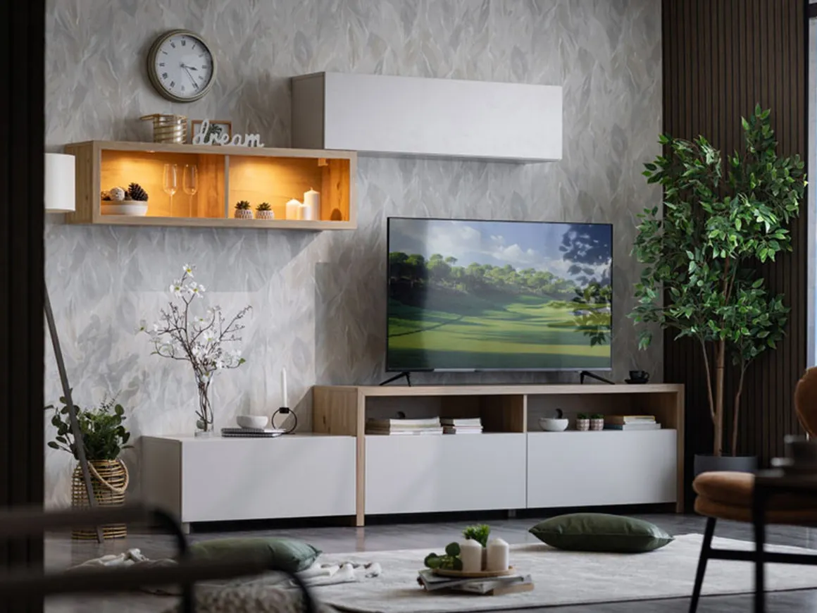 Parete Attrezzata Bianco Crema Marrone Rovere Nodi 6 Ripiani Modulabile 237.5x41.5x160.5h cm, 9 Vani - Tiana