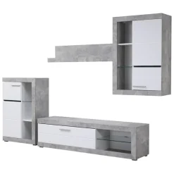 Pareti Attrezzate > Dmora Parete Attrezzata Bianco Grigio Cemento 10 Ripiani 3 Ante 266.5x41.5x186h cm, Ripiani in Vetro - Dongo Grigio, Bianco Cemento
