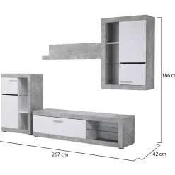 Pareti Attrezzate > Dmora Parete Attrezzata Bianco Grigio Cemento 10 Ripiani 3 Ante 266.5x41.5x186h cm, Ripiani in Vetro - Dongo Grigio, Bianco Cemento