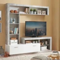 Parete Attrezzata Bianco Grigio Cemento 7 Ripiani 10 Vani 170.5x41.5x170.5h cm, Un'anta - Moggio