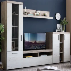 Pareti Attrezzate > Dmora Parete Attrezzata Bianco Larice Marrone Rovere Nodi Modulabile 14 Ripiani 262x35x195h cm, Cassetti - Oggiono Marrone Rovere nodi, Bianco Larice
